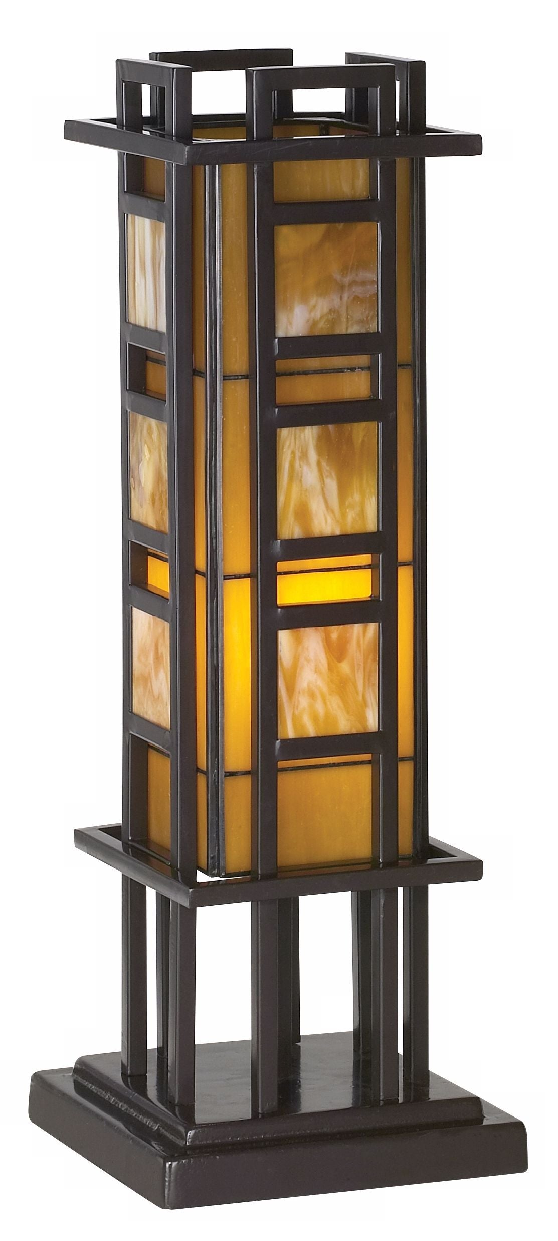 Robert Louis Tiffany Mission Accent Table Lamp Bronze Iron Column Amber Stained Glass for Living Room Family Bedroom Office