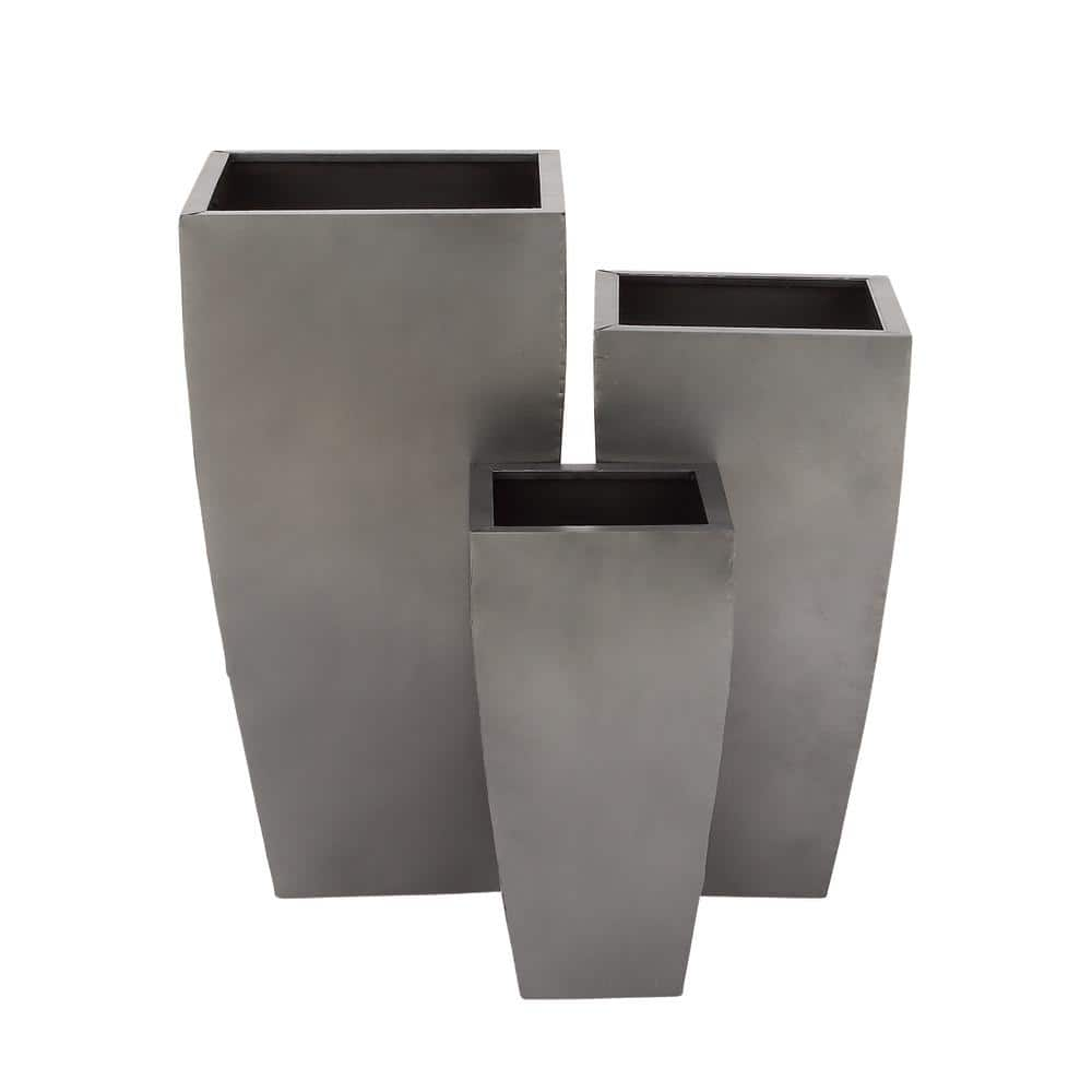 Litton Lane 15 in. x 30 in. Gray Metal Indoor Outdoor Light Weight Planter with Tapered Base and Polished Exterior (Set of 3) 53358