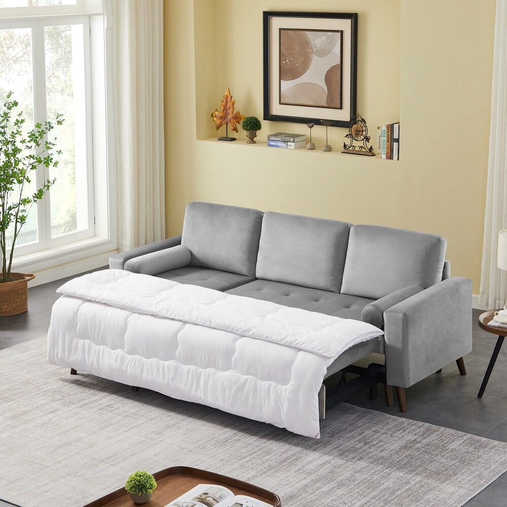 Velvet Upholstered Pull Out Sleeper Sofa with Pillows for Living Room  Apartment  Dorm  Storage Chaise  High density Foam