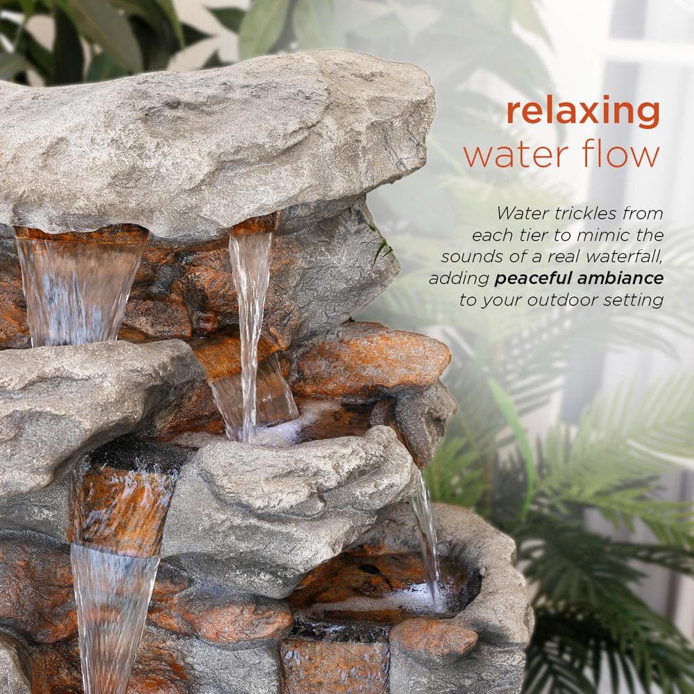 Alpine Corporation 52 in. Tall Outdoor 5-Tier Rainforest Rock Water Fountain with LED Lights WIN730