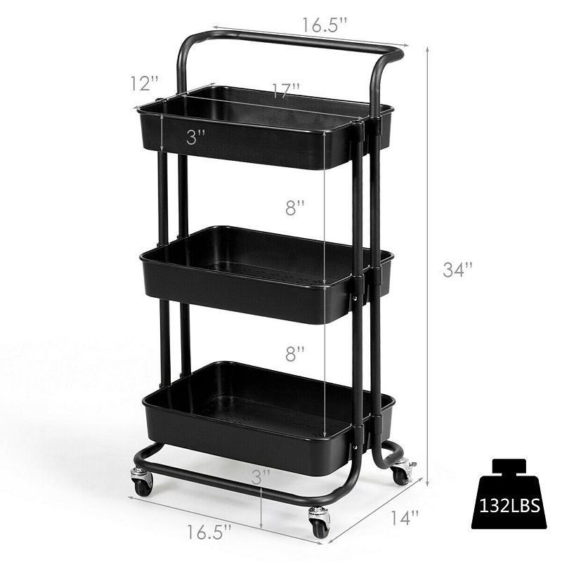 3-Tier Utility Cart Storage Rolling Cart with Casters