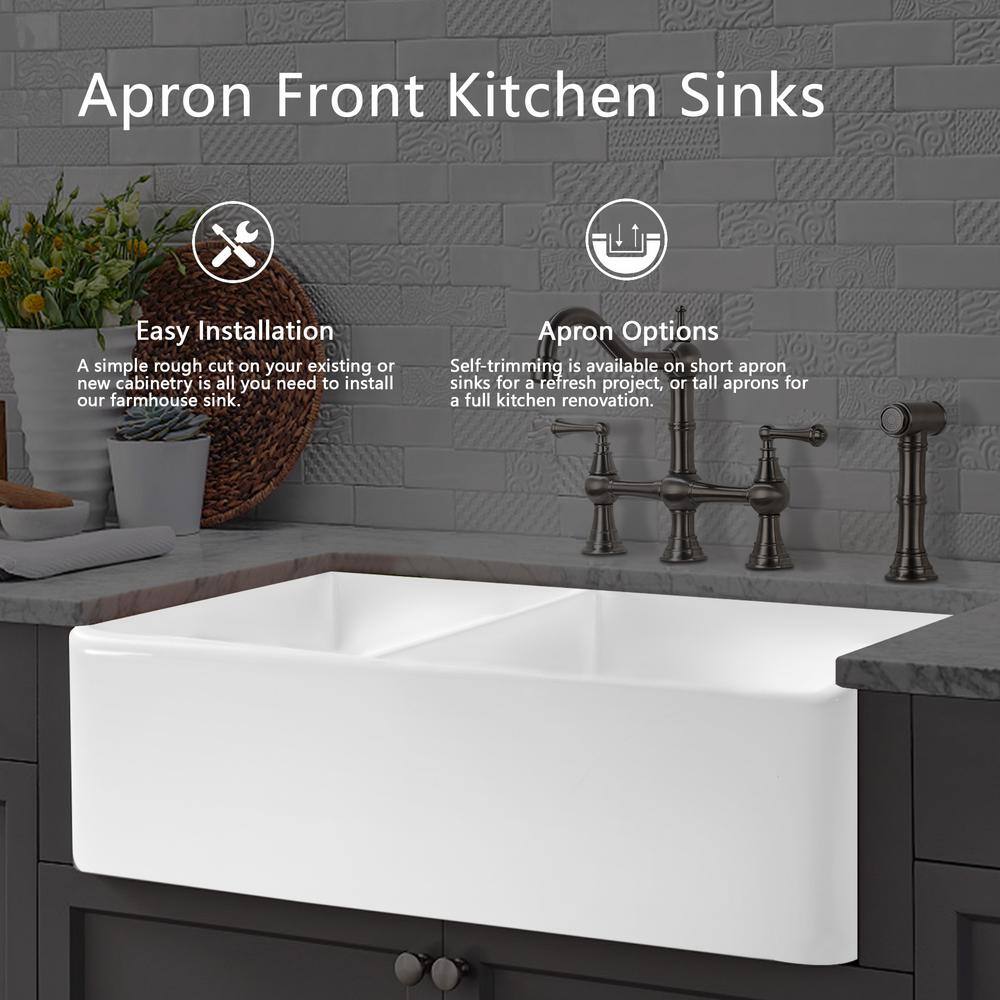 Interbath White Fireclay 32 in. Double Bowl Farmhouse Apron Kitchen Sink ITBDL322010D