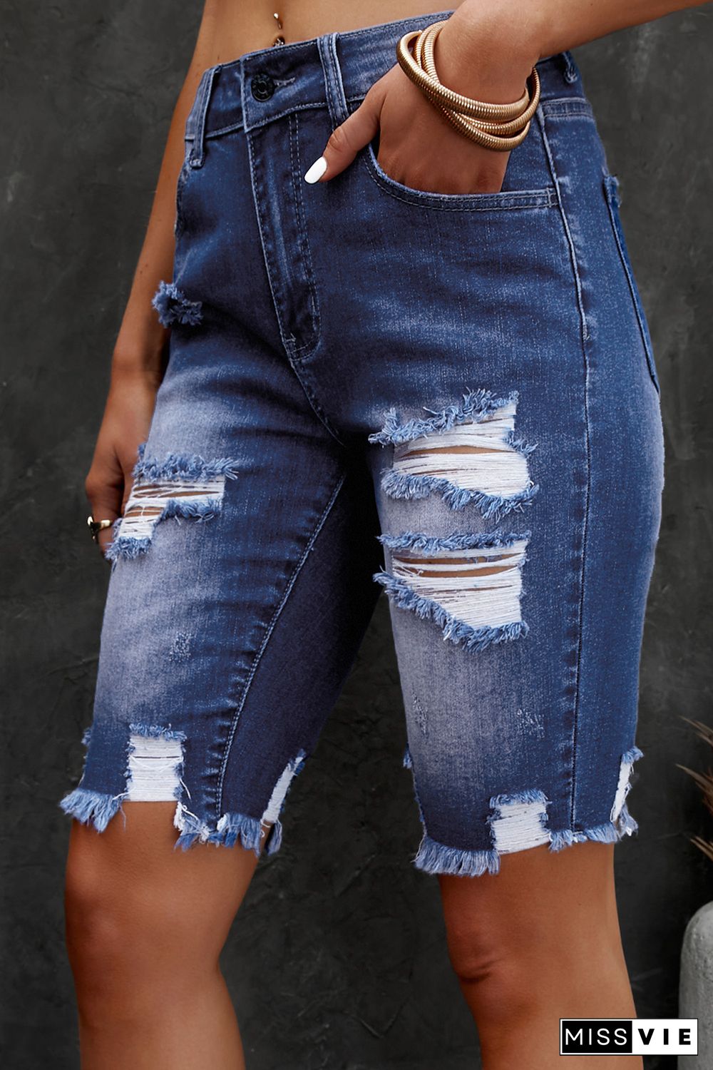 Blue Ripped Tassel Bermuda Jean Shorts