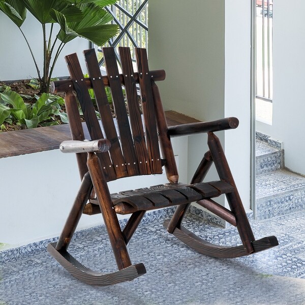 Outsunny Outdoor Rustic Adirondack Rocking Chair，Fir Wood Log Slatted Design Patio Rocker for Porch Garden Lounging