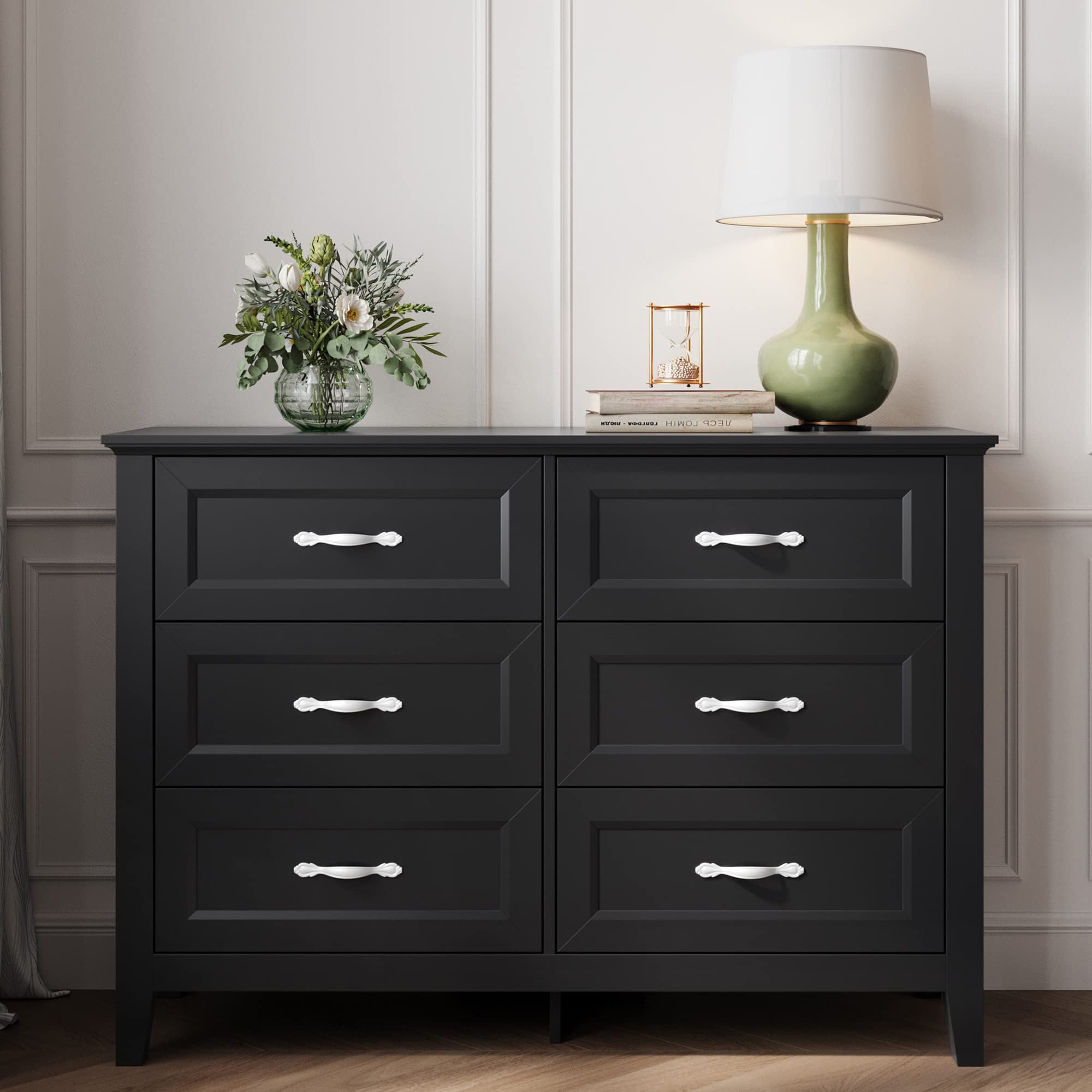 LINSY HOME Dresser for Bedroom, Long Dresser with 6 Drawers and Antique Handles, Chest of Drawers for Living Room, Entryway and Hallway, Black