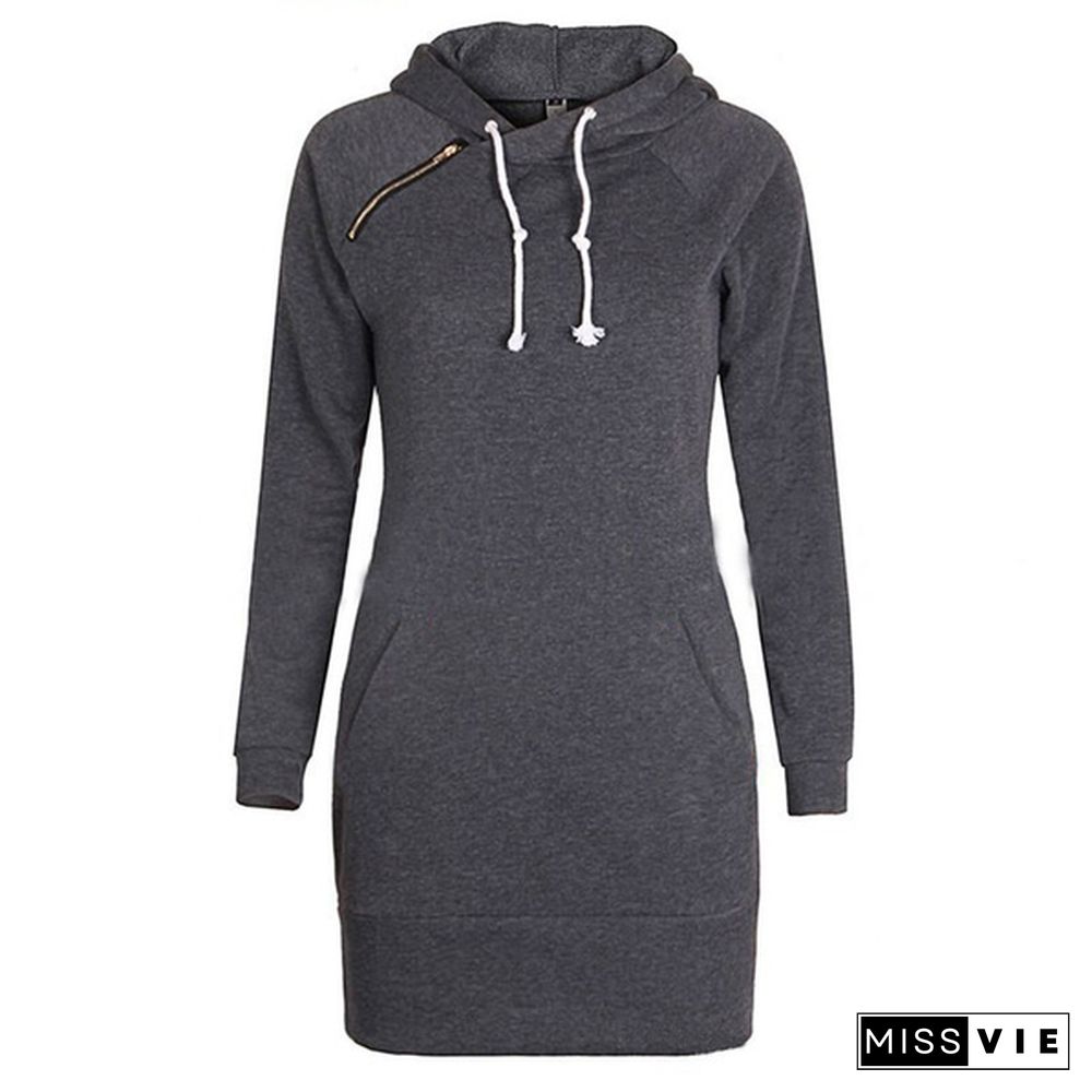 Women Casual Long Sleeved Sweater Dress Zipper Hooded Fashion Pullovers Sweatshirt Plus Size S-5XL