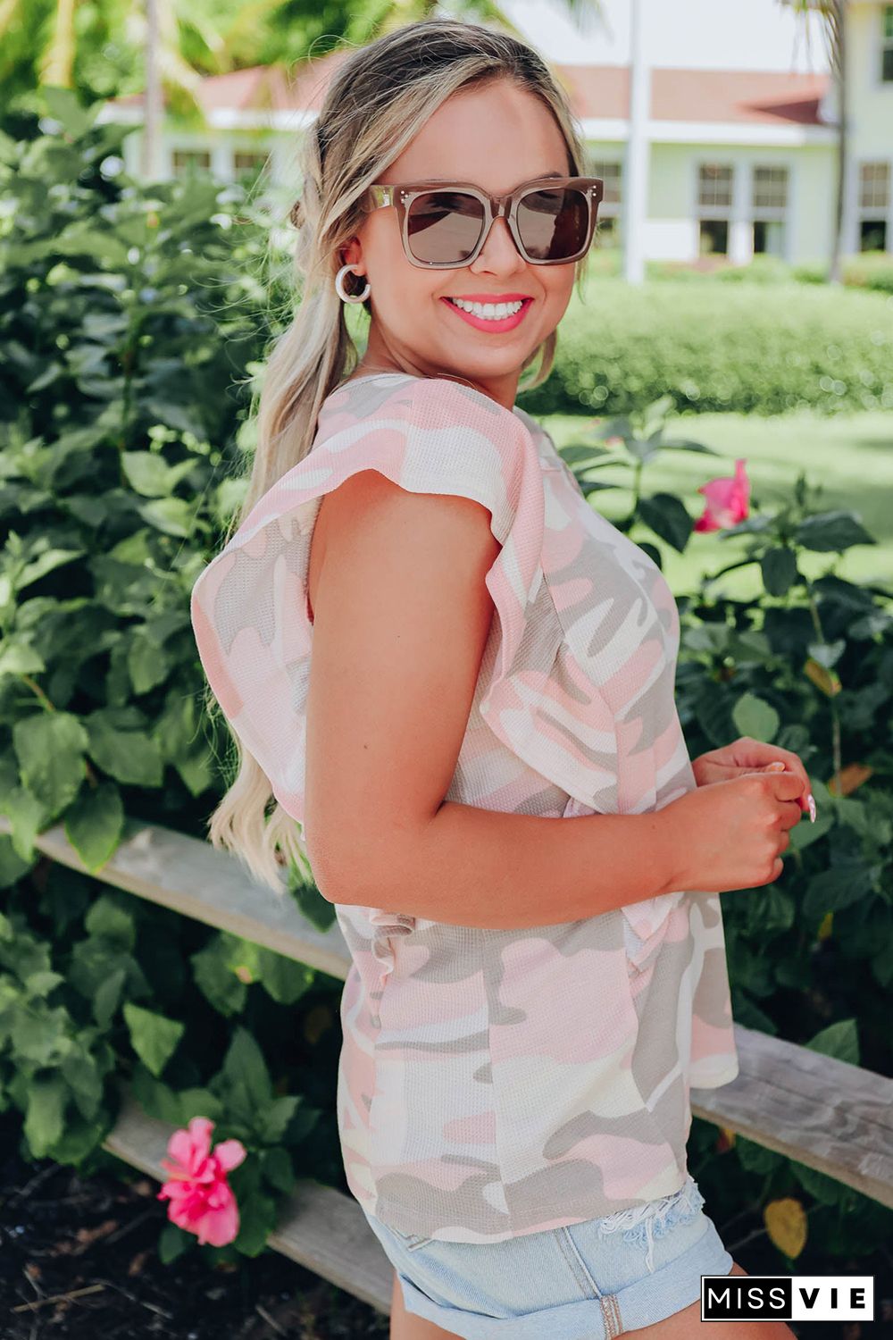 White Camo Print Ruffle Trim Tank Top