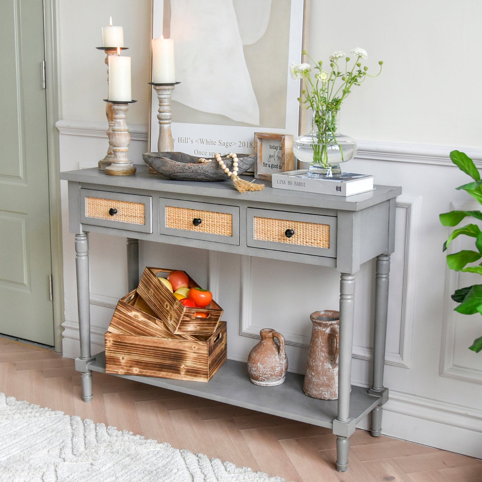 Farmhouse Rattan Console Table， Rustic Long Entryway Table with 3 Drawers，Long Shelf Sofa Table， Antique Gray