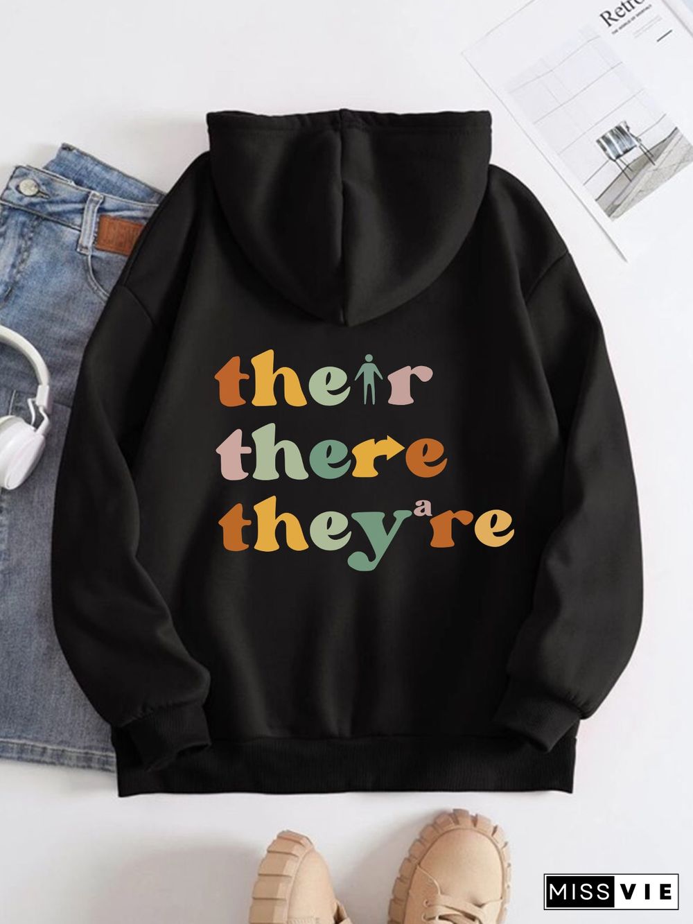 Printed on the Back Kangaroo Pocket Hoodie Long Sleeve for Women Pattern teacher