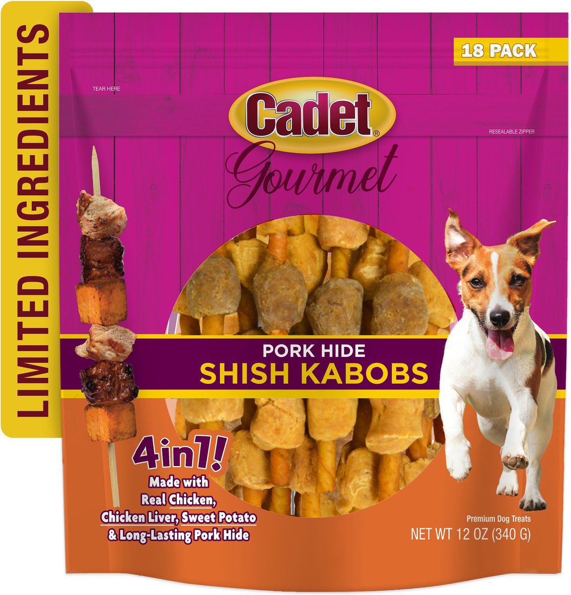 Cadet Gourmet Pork Hide Shish Kabob Dog Treats， 5-in