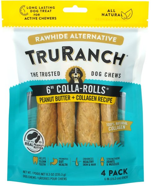 TruRanch Peanut Butter Collagen Roll Hard Chew Dog Treats， 6-in， 4 count