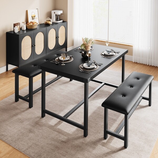 Dining Table Set for 4，Kitchen Table with 2 Upholstered Benches