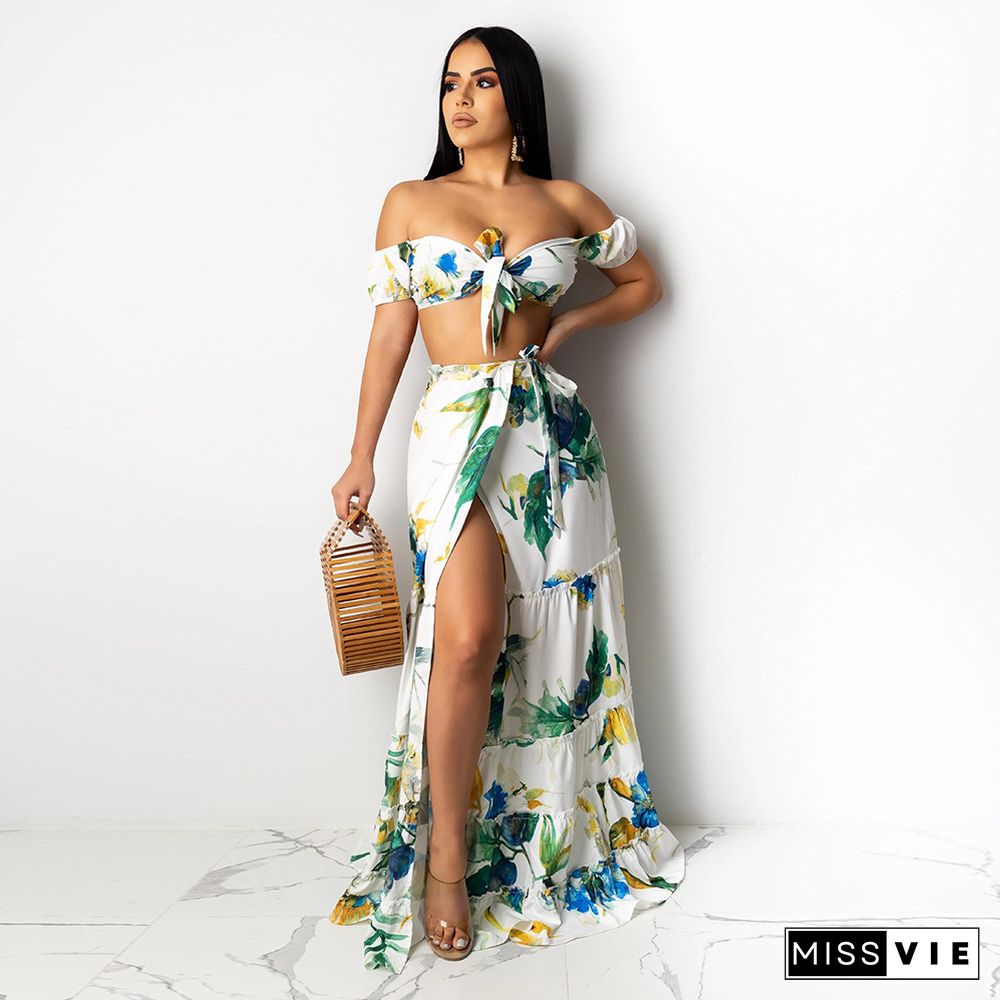 Off Shoulder Floral Print+High Slit Maxi Skirt Set