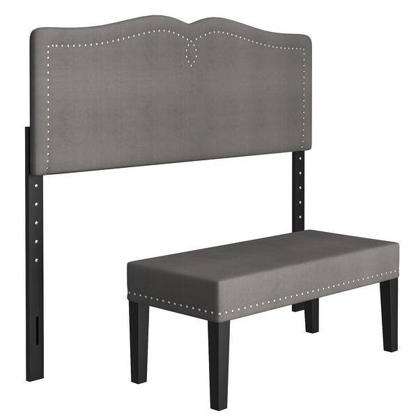 Modern Velvet Double/Queen Adjustable Height Headboard with Bench - - 36002888