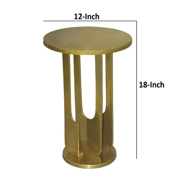 Cyrus 18 Inch Round Accent Side Table， Cast Aluminum， Arched Cut Out Frame， Brass