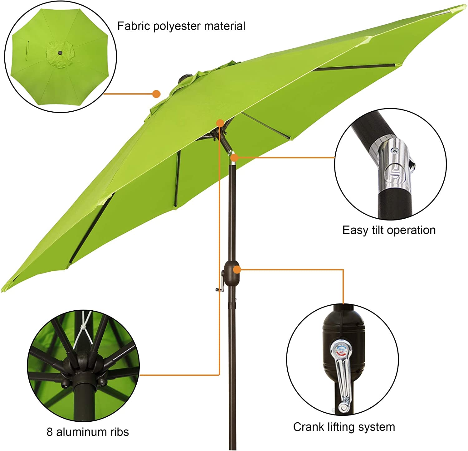 9' Outdoor Market Patio Umbrella with Push Button Tilt and Crank, 8 Ribs (Tan)