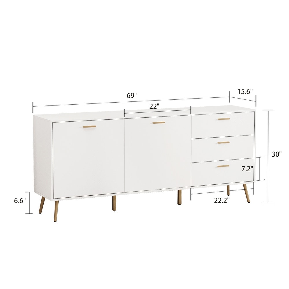 Timechee Buffet Sideboard Cabinet with 3 Drawers   2 Doors  White   69\