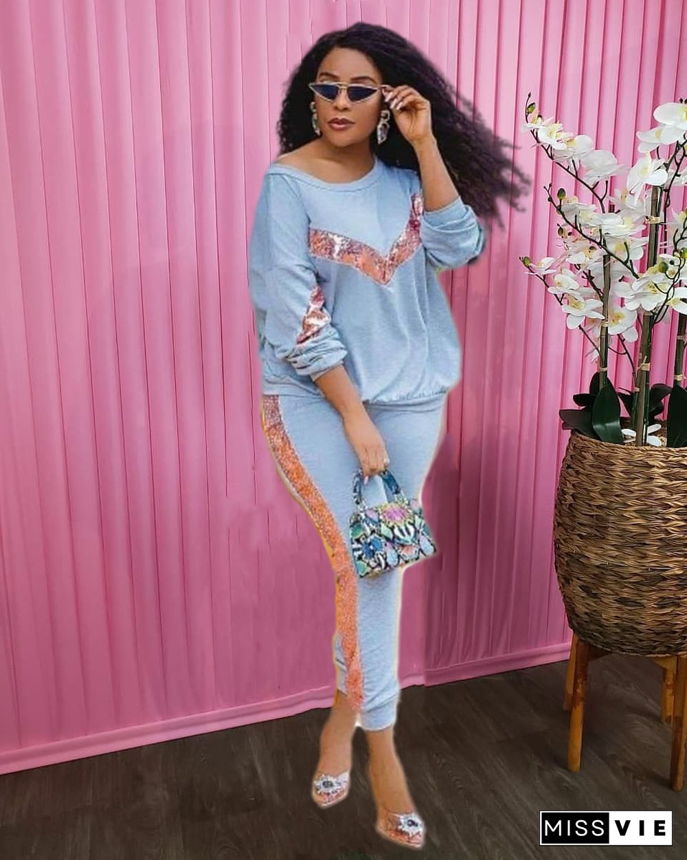 Silver Sequins Patchwork Long Sleeve T Shirt Pants Set