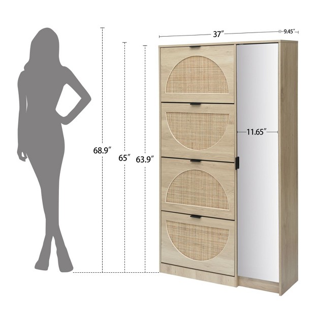 Arina 63 9 x27 x27 H X 37 x27 x27 W X 9 45 x27 x27 D Farmhouse Natural Rattan Shoe Cabinet For 16 Pairs Design Mirror With 4 Flip Down Drawers The Pop Maison