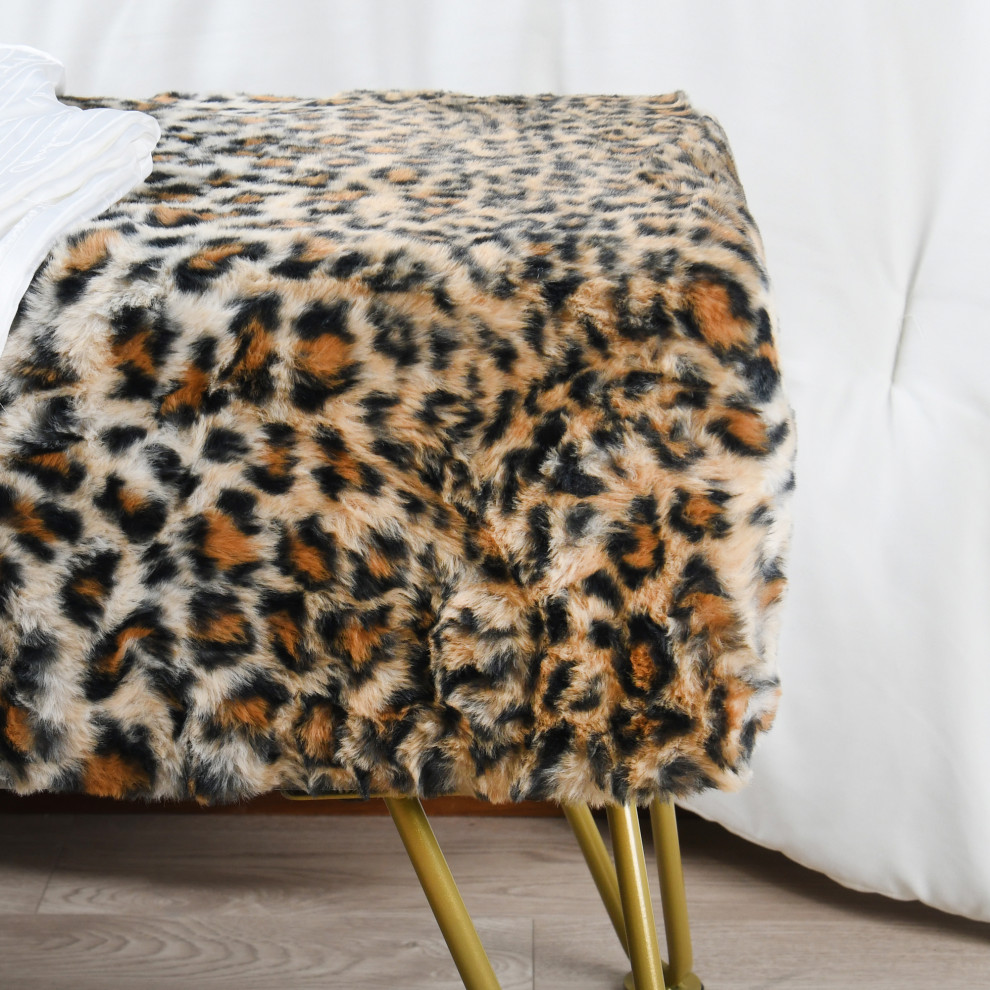 Leopard Faux Fur Bench With Gold Legs   Midcentury   Upholstered Benches   by BNF Home  Houzz