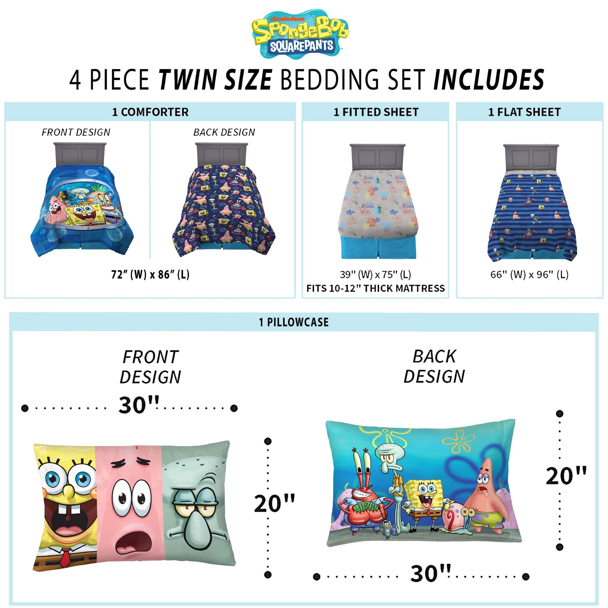 SpongeBob SquarePants Kids Twin Bed in a Bag, Comforter and Sheets, Blue, Nickelodeon