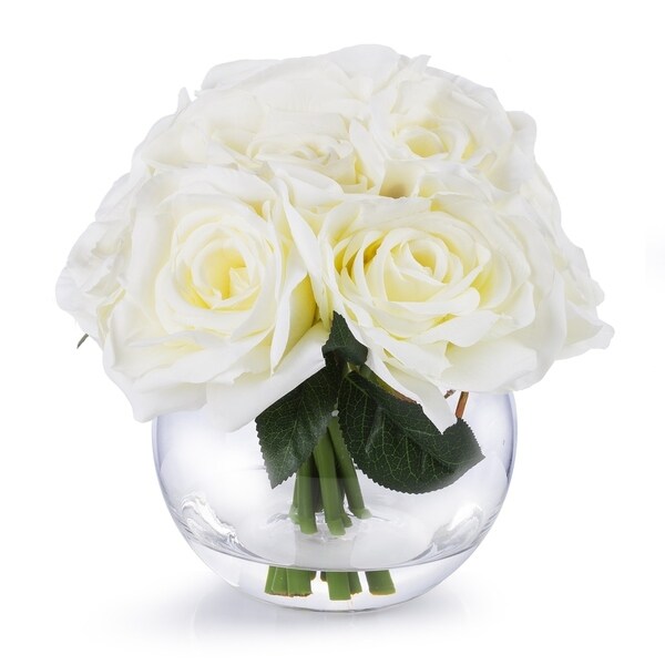 Enova Home 10 Heads Artificial Silk Roses Fake Flowers Arrangement in Round Clear Glass Vase with Faux Water for Home Decoration