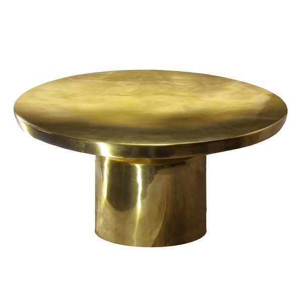 Zoe 30 Inch Modern Classic Round Metal Coffee Table with Pedestal Base， Glossy Gold Brass