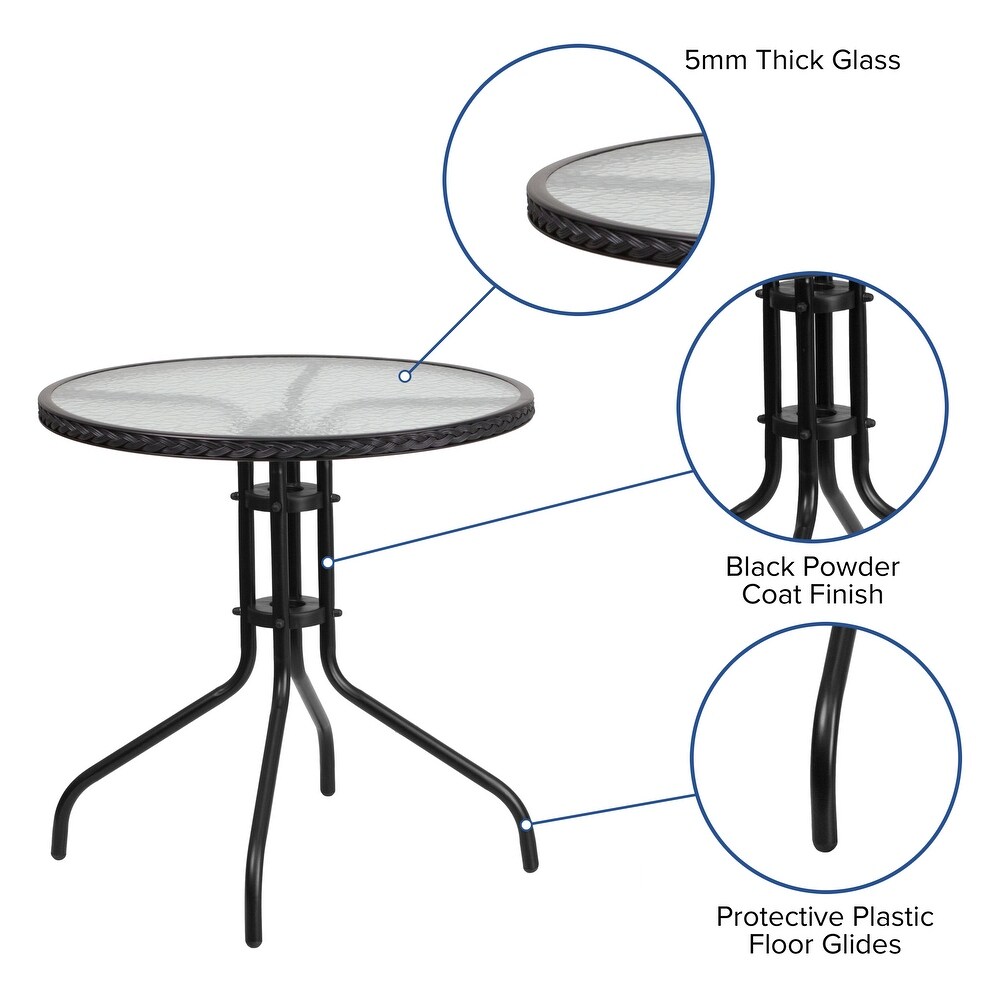 Round Tempered Glass/ Metal 28 inch Table with Rattan Edging