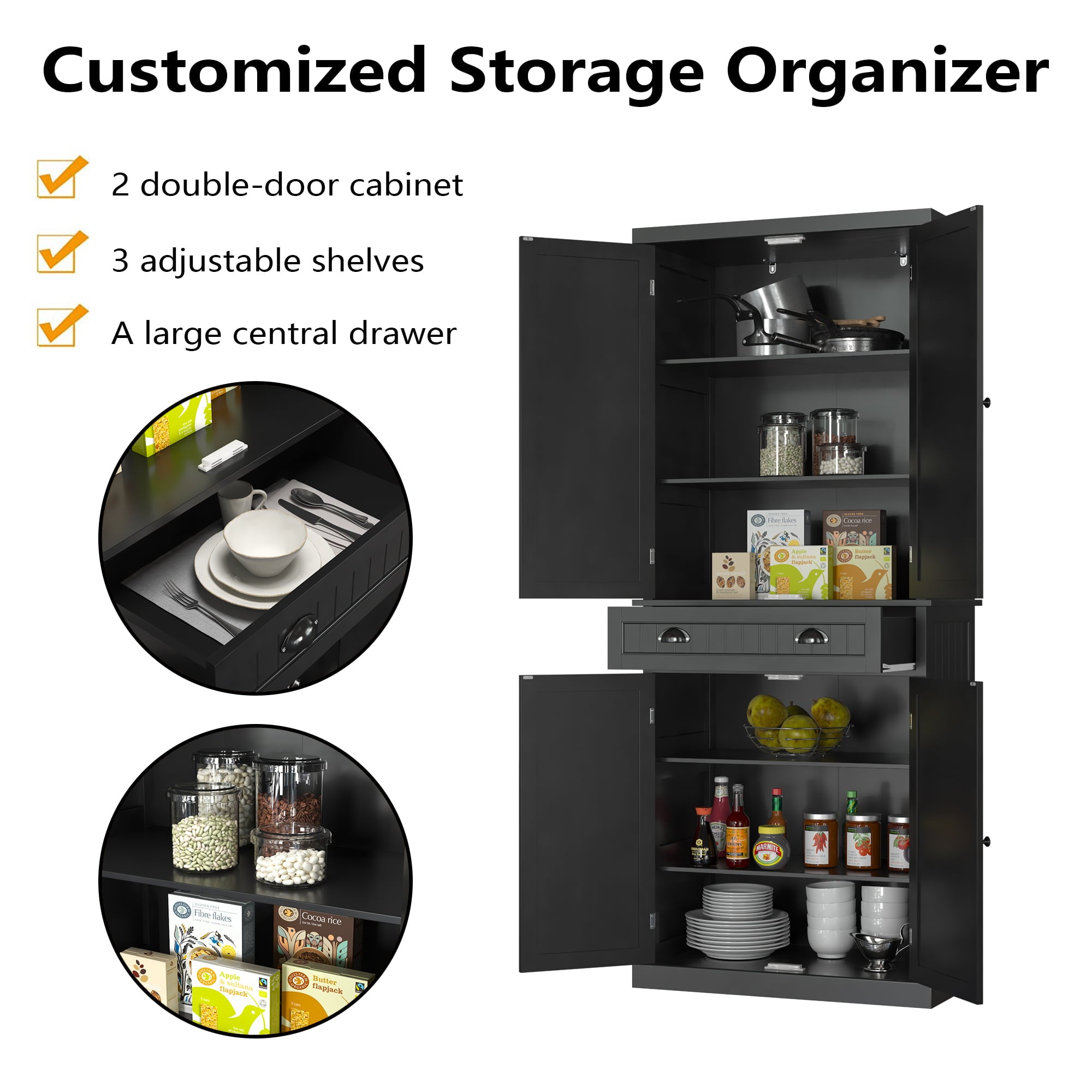 HOMEFORT 72" Traditional Freestanding Kitchen Pantry Cabinet Cupboard with Doors and 3 Adjustable Shelves, Black