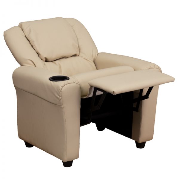 Vana Contemporary Beige Vinyl Kids Recliner with Cup Holder and Headrest