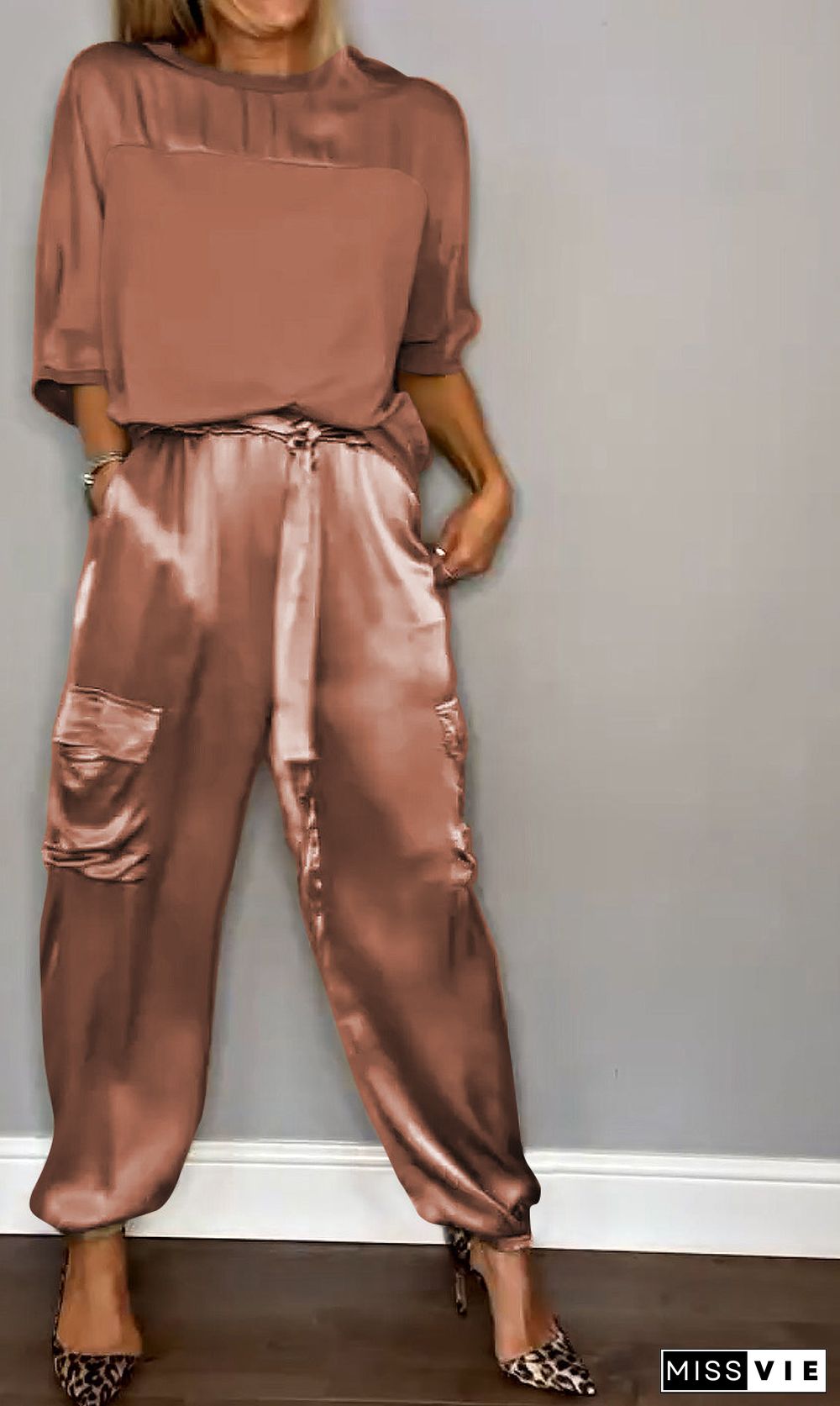 Women's Smooth Satin Half-sleeved Top and Pant Suit Two-piece