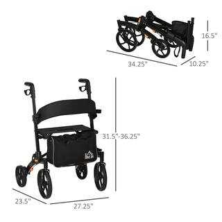 HOMCOM Black Aluminum Rollator Walker with 10'' Wheels Seat and Backrest Folding Upright Walker with Adjustable Handle Height 712-050V01BK