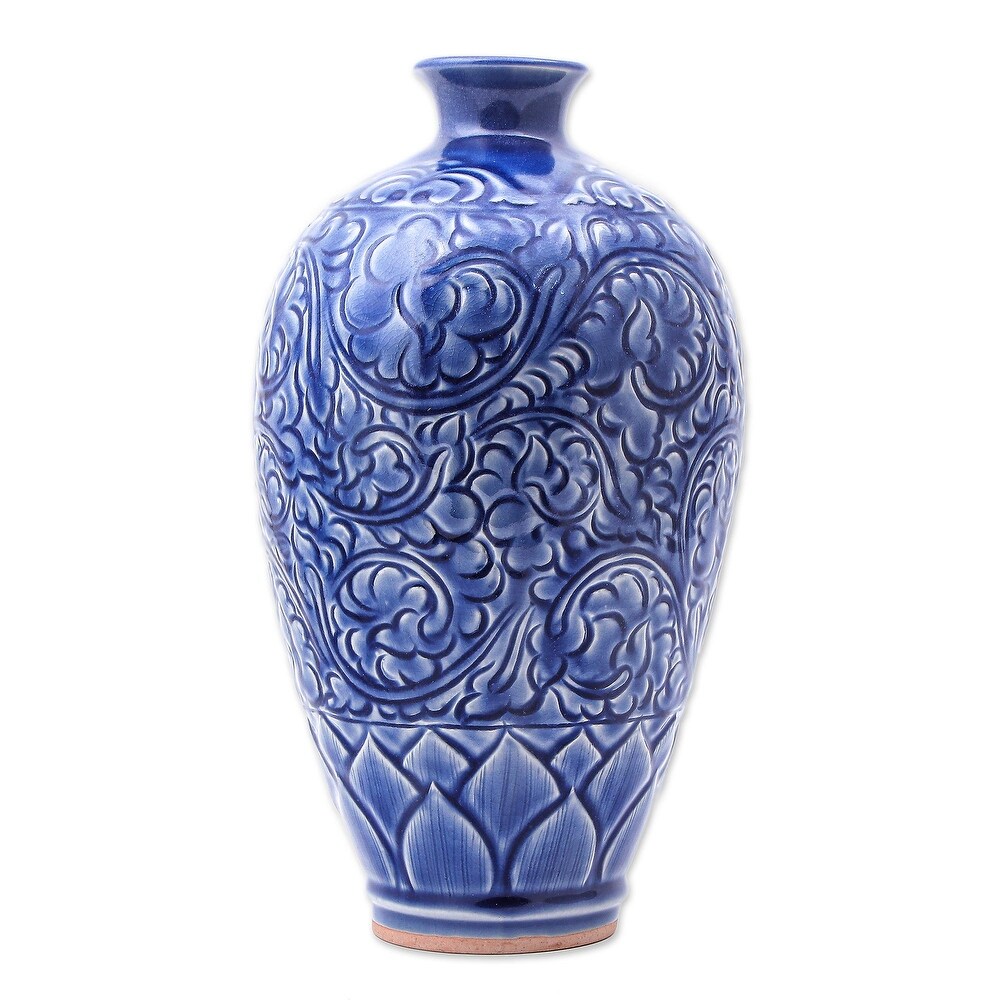 Novica Handmade Blue Flora Ceramic Vase