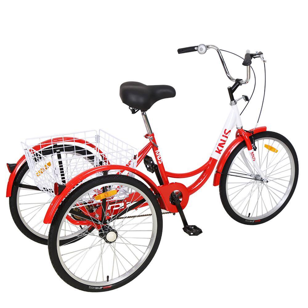 Red Adult Tricycle Trikes 3-Wheel Bikes 26 in. Wheels Cruiser Bicycles with Large Shopping Basket for Women and Men GM-H-308