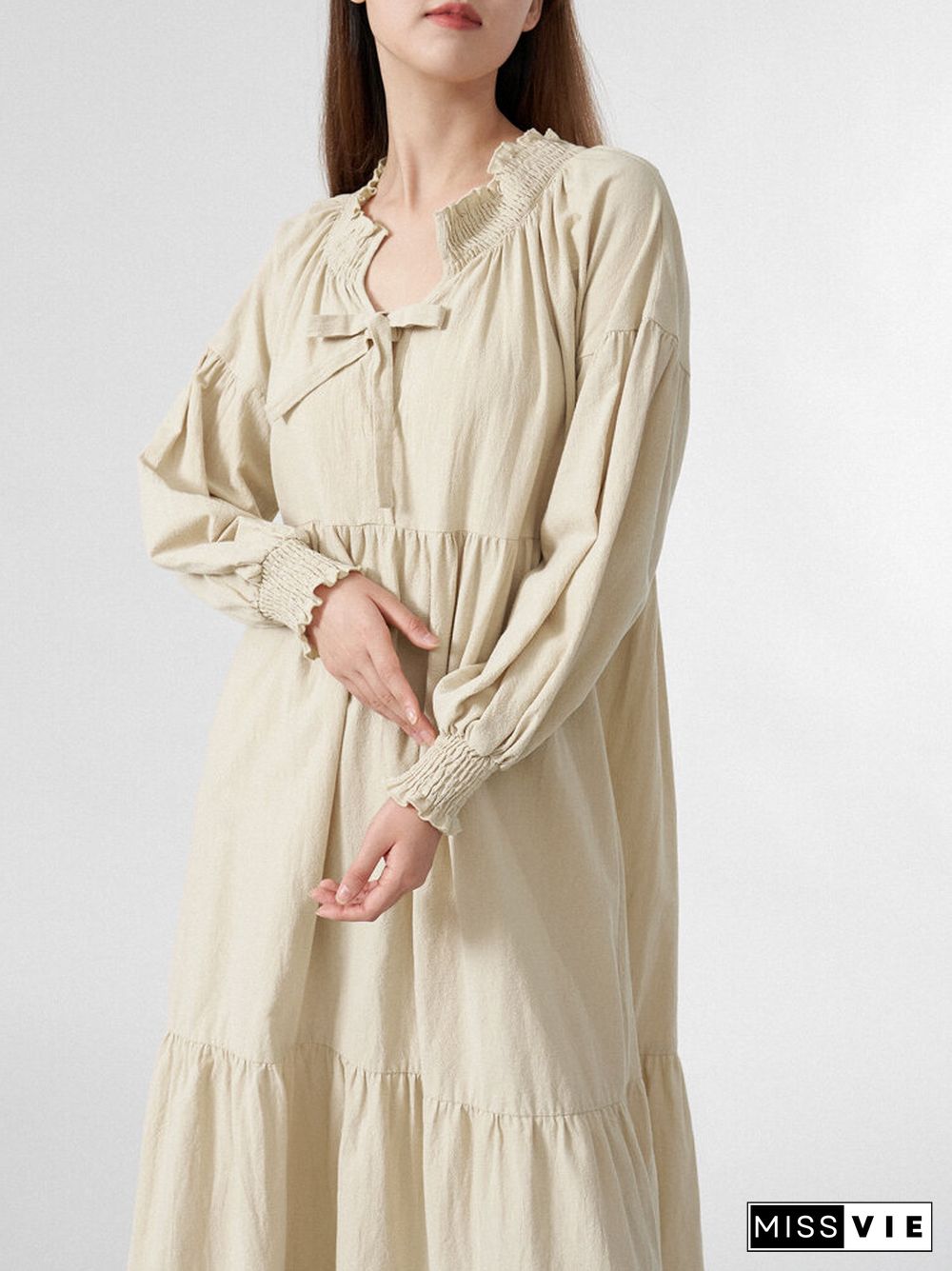 Solid Shirred Long Sleeve Tie Front V-neck Loose Dress