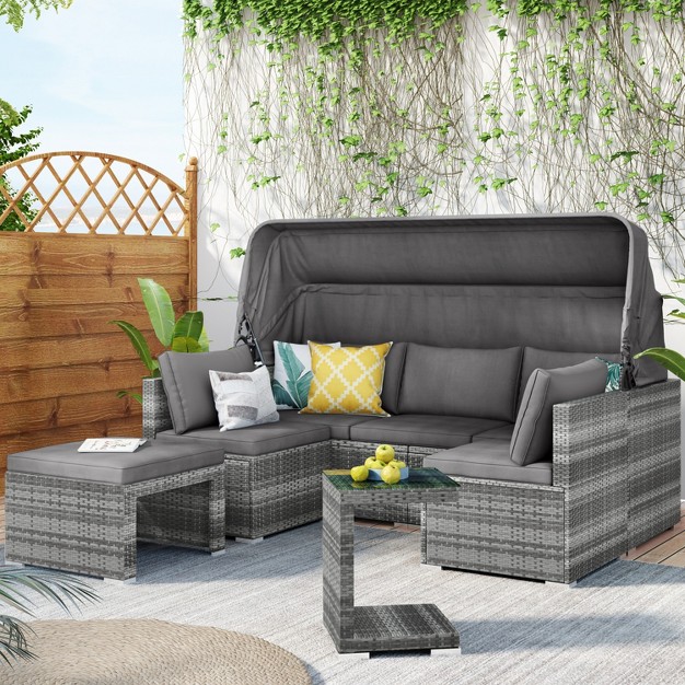 5 Pcs Outdoor Sectional Rattan Daybed Sofa Set Patio Pe Wicker Conversation Furniture Set With Canopy And Tempered Glass Side Table Gray modernluxe