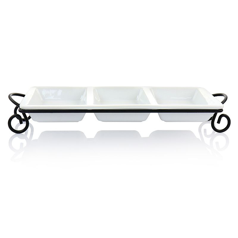 Elama 3 Section Divided Porcelain Serving Tray with Metal Rack