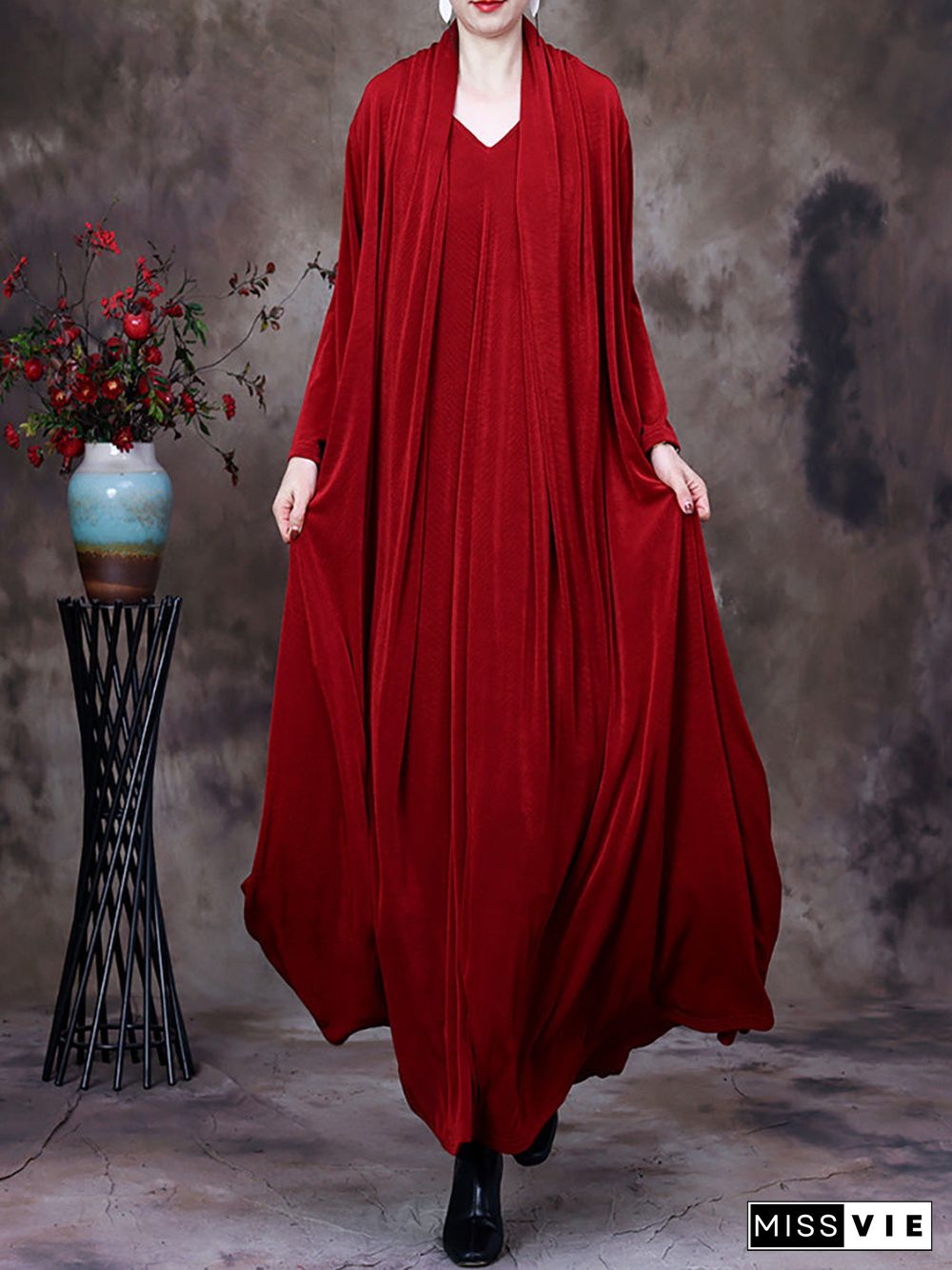 Plus Size V Neck Vintage Women Retro Maxi Dress