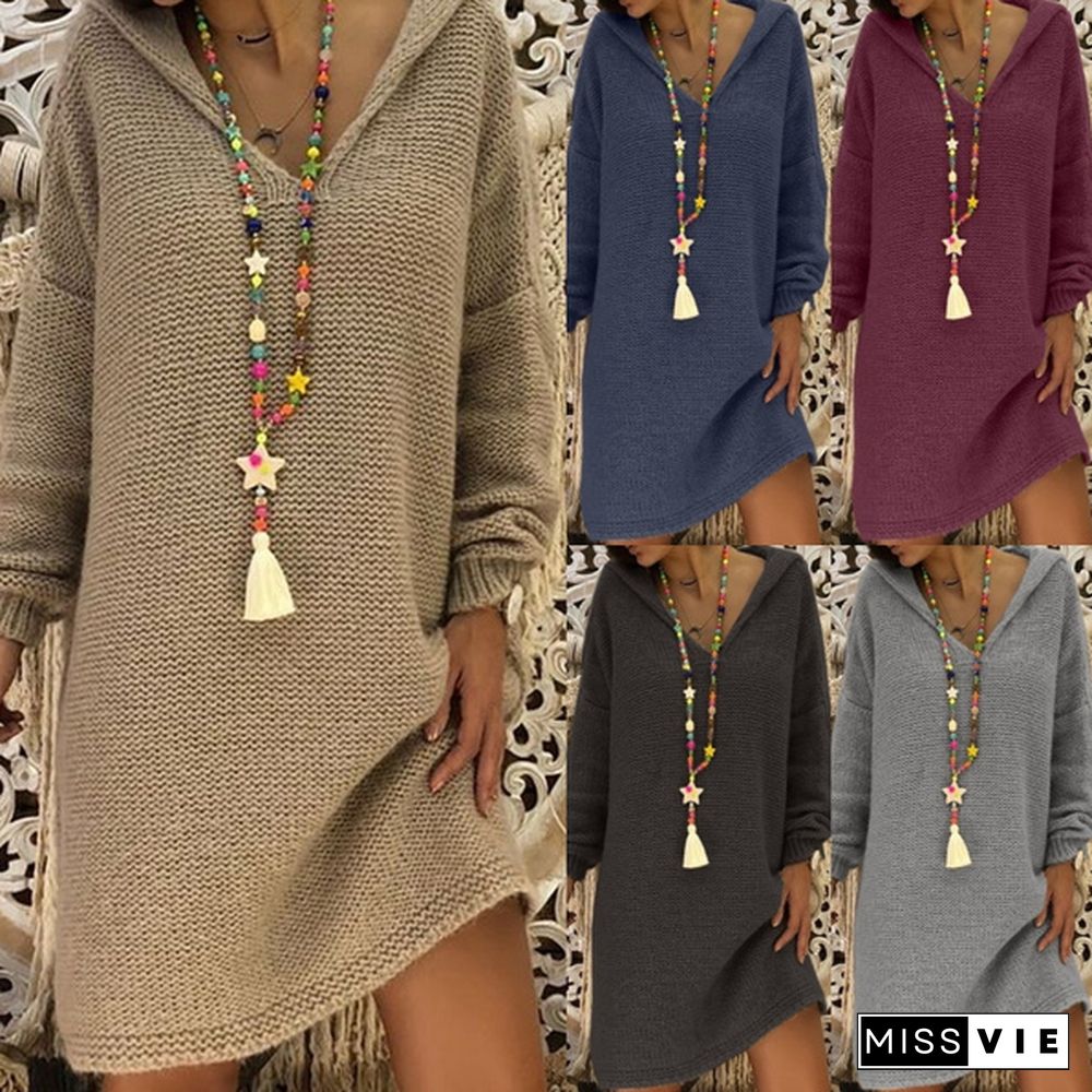 5 Color Autumn Winter New Women Fashion Casual Style Long Sleeve Knitted Sweater Dress Hooded Long Pullovers Tops Solid Color Knitted Dress Plus Size S-5XL