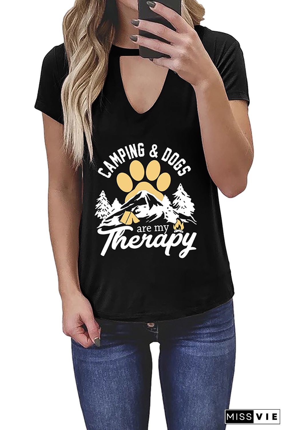 Camping and Dogs are my Therapy Graphic Tees for Women Wholesale Short Sleeve T shirts Top