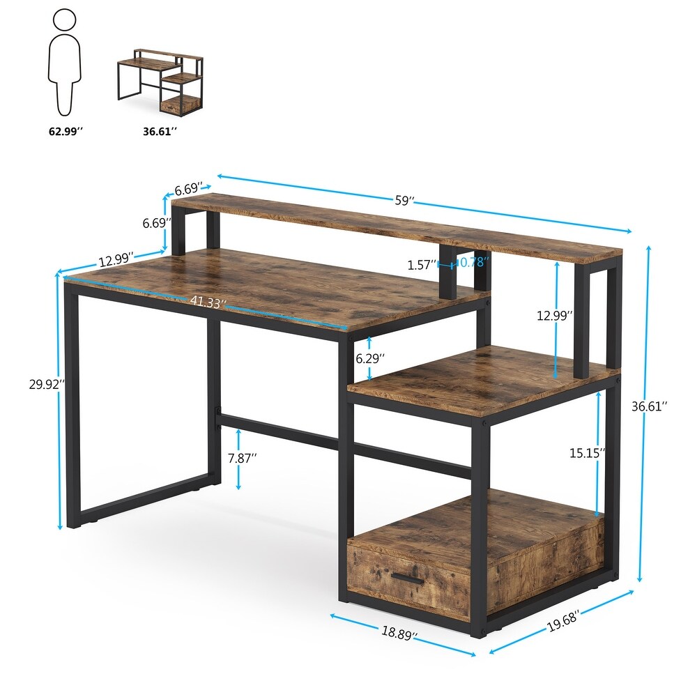 59 Inches Computer Desk with File Drawer and Storage Shelves