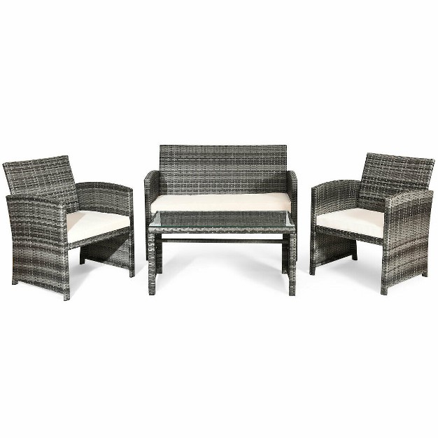 Costway 4pcs Patio Rattan Furniture Set Conversation Glass Table Top Cushioned Sofa White