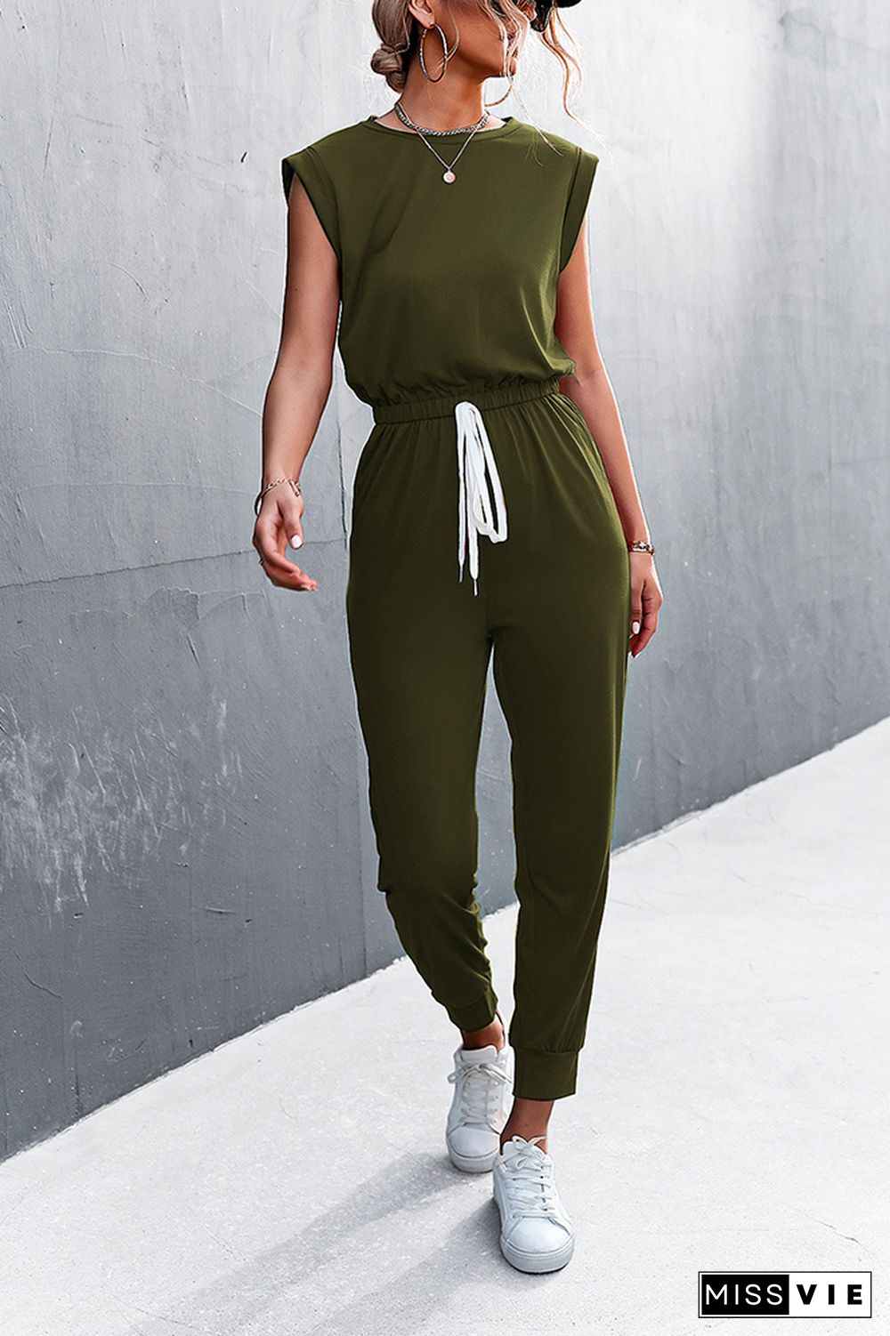 Solid Sleeveless Drawstring Waist Jumpsuit Wholesale