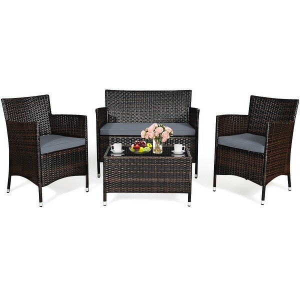 Costway 4PCS Rattan Patio Furniture Set Cushioned Sofa Chair Coffee