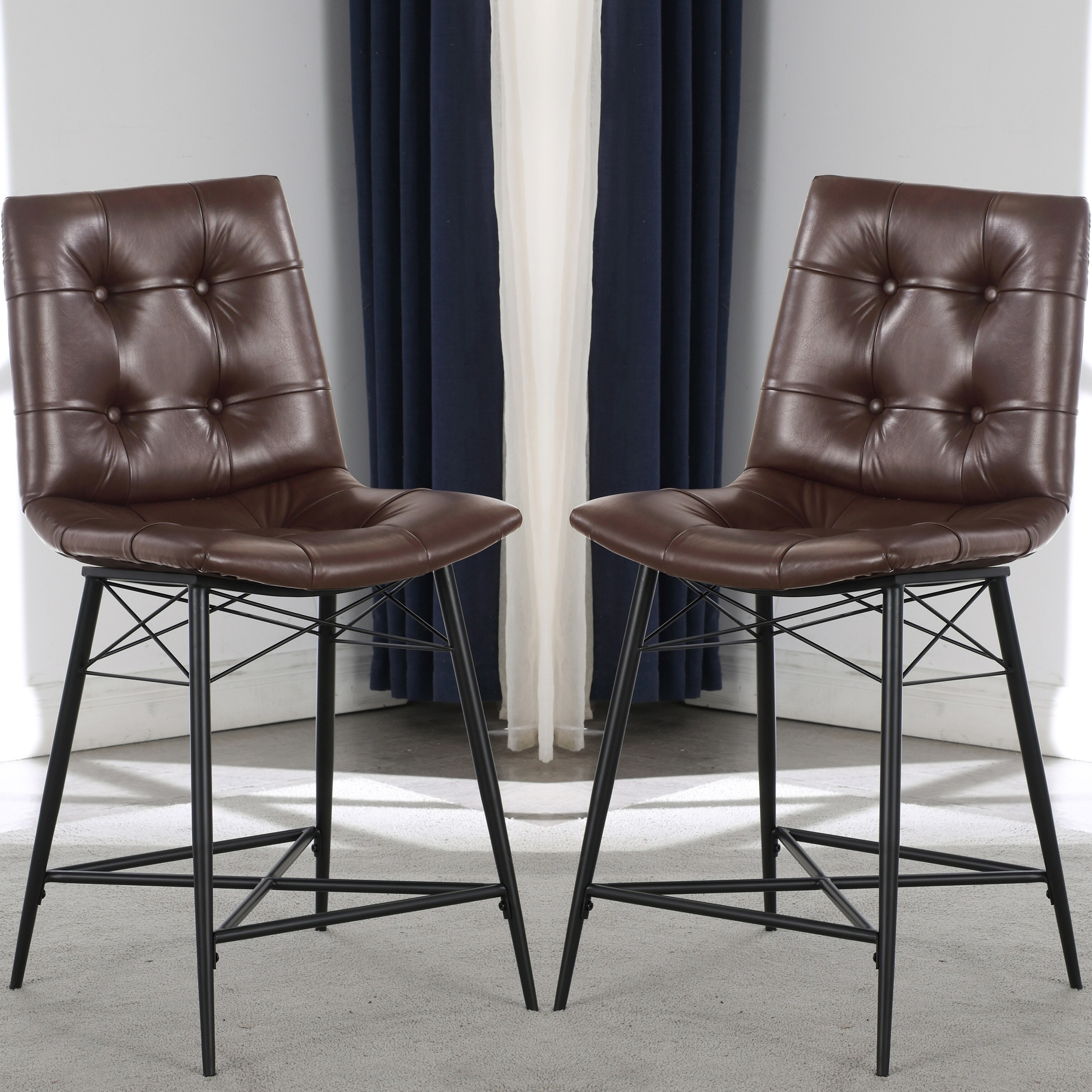 Modern Tufted Design Brown Counter Height Dining Stools (Set of 2)