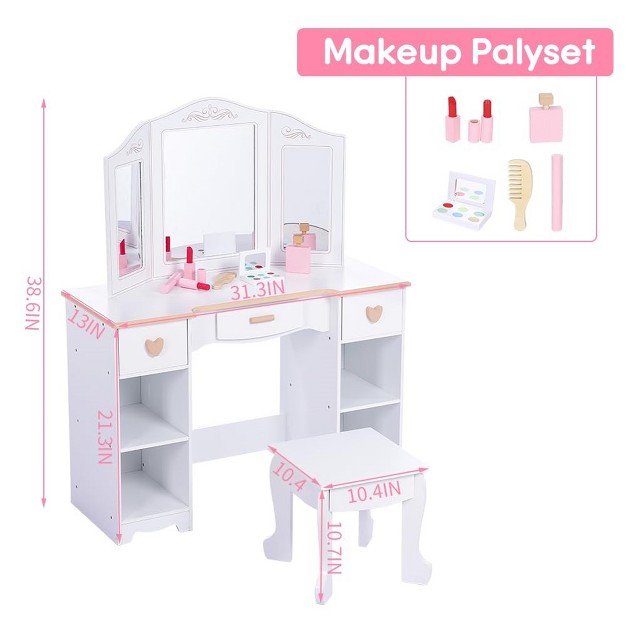 Kids Vanity Set With Mirror And Stool Wooden Girls Makeup Playset Princess Vanity Table For Kids Toddlers White