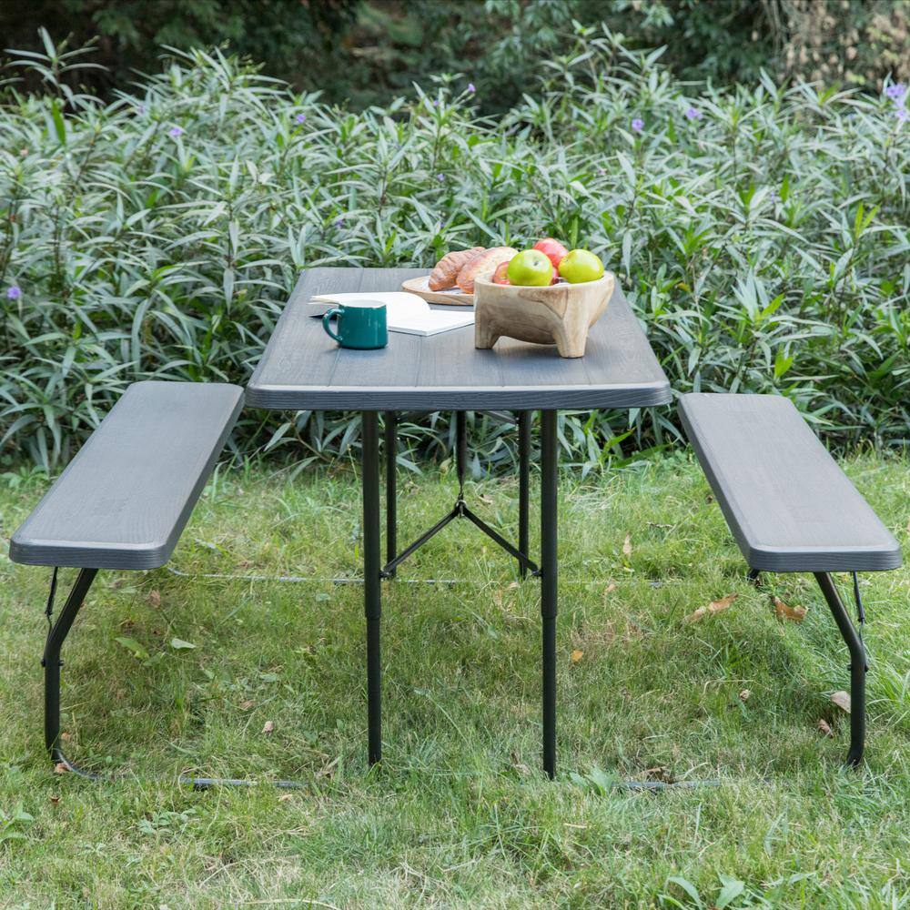 Gardenised Woodgrain Plastic and Steel Gray Outdoor Foldable Portable Picnic Table Set QI003910GY