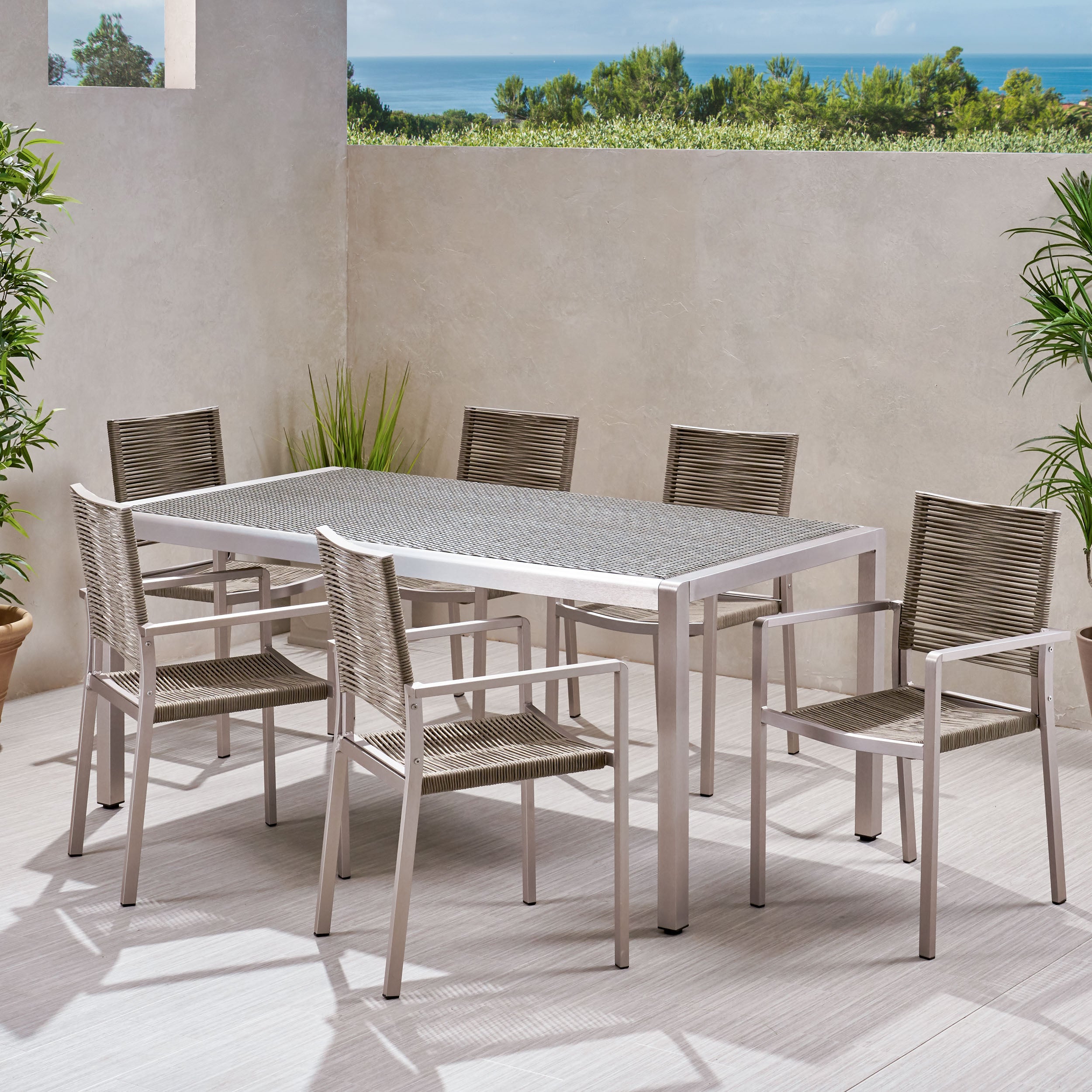 Makyla Outdoor Modern 6 Seater Aluminum Dining Set with Wicker Table Top