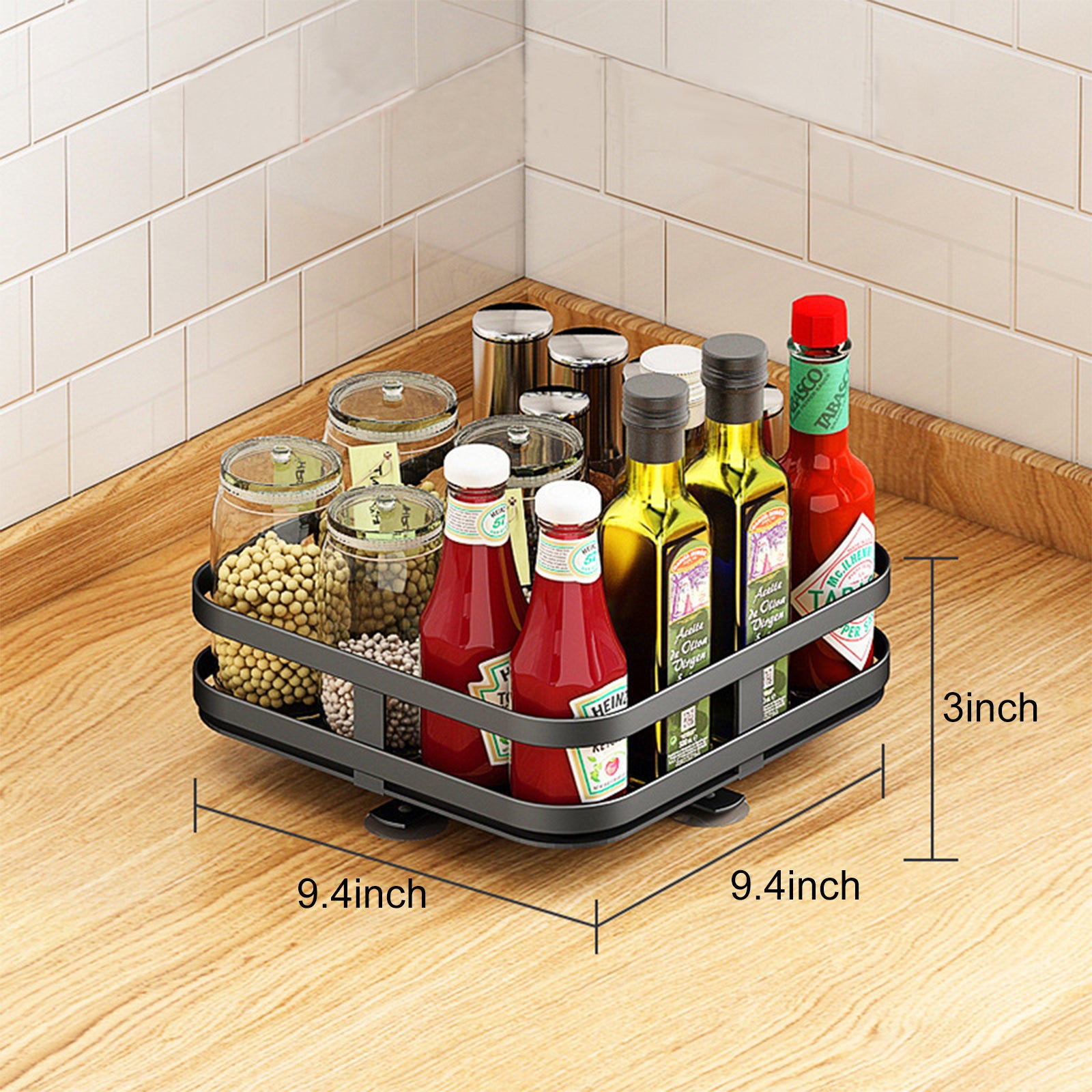 Semfri 1 Tier Lazy Susan Rotatable Spice Steel Storage Container for Kitchen Cabinets Organizers Multi-Function Shelf - Black