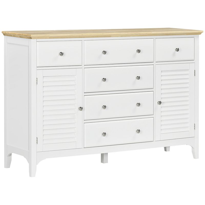 HOMCOM Modern Sideboard with Drawers， Buffet Cabinet with Storage Cabinets， Rubberwood Top and Adjustable Shelves for Living Room， Kitchen， White